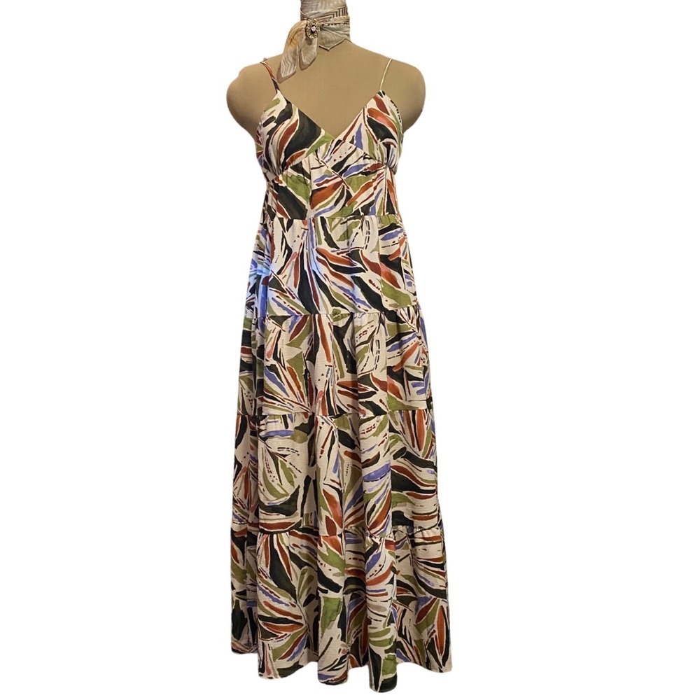 Monteau Maxi Dress Boho Summer Abstract Leaf Print Womens Tiered XS Multicolor